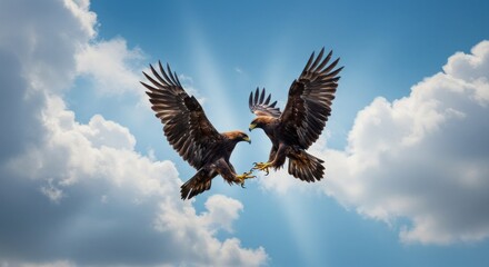 Obraz premium Two golden eagles clash mid-air, wings spread wide against a bright blue sky with scattered clouds.