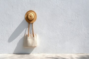 Straw hat and tote bag on a light-colored wall