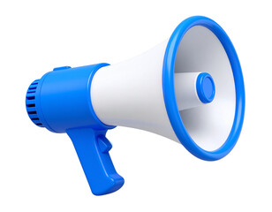 Tilted Blue and White 3D Megaphone &ndash; Plastic Cartoon Alert Symbol on White