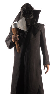 executioner in a hood with an axe on a white background