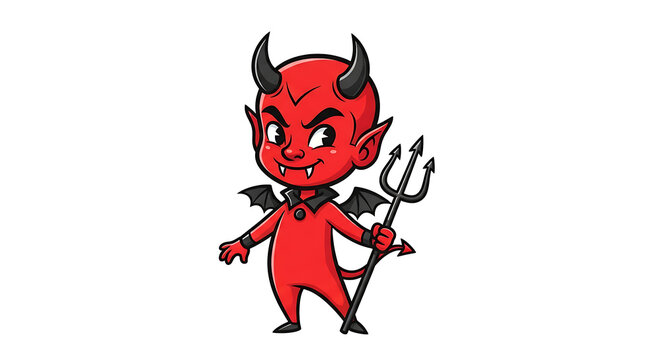 Cartoon illustration of a red devil with a pitchfork on transparent background: classic characters for halloween