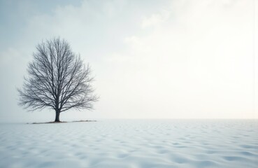 Fototapeta premium A solitary leafless tree stands in a snow-covered landscape under a cloudy sky