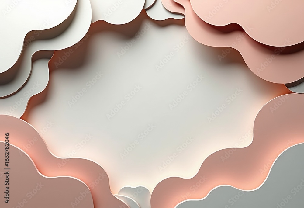 Poster colorful layered paper cutouts creating a decorative frame with soft pastel tones and a blank space 