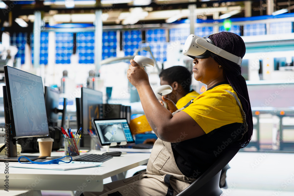 Poster solar panel factory specialist monitoring production line and performance using virtual reality high