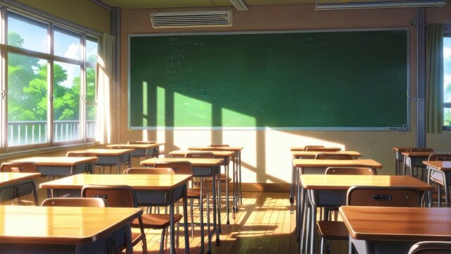 Serene Anime Japanese High School Classroom Background

