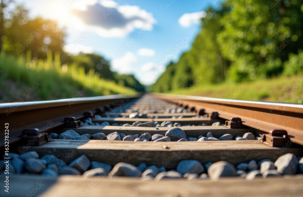 Poster a close-up view of railway tracks extending into the distance through a lush green landscape