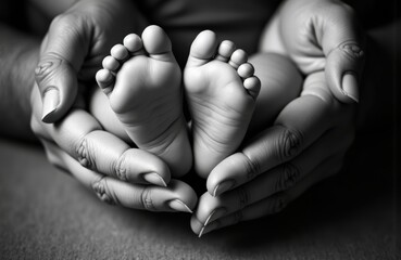 A pair of adult hands gently cradle a baby's feet in a tender gesture