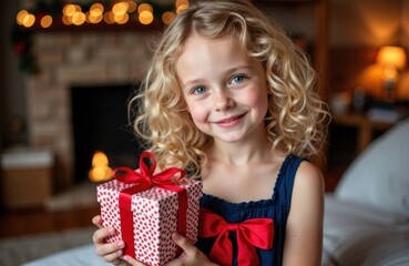 Girl with curly blonde hair holding a gift box in a cozy indoor setting