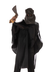 executioner in a hood with an axe on a white background