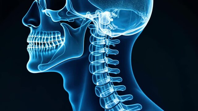 Cervical spine X-ray in neon blue, spinal radiography, neck anatomy. Skeletal health. Lumbar region supports body posture. Disc alignment prevents spinal injury. Skeletal structure enhances overall