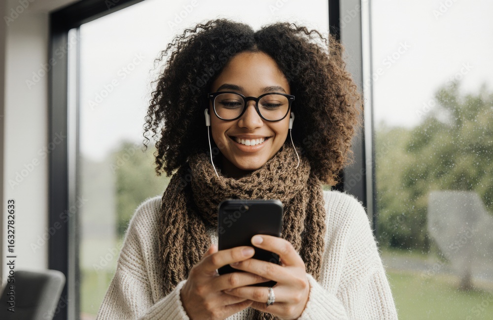 Poster woman smiling and using a smartphone indoors with large windows in the background