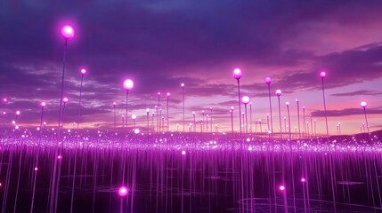 Illuminated field of glowing, vibrant pink lights at dusk.