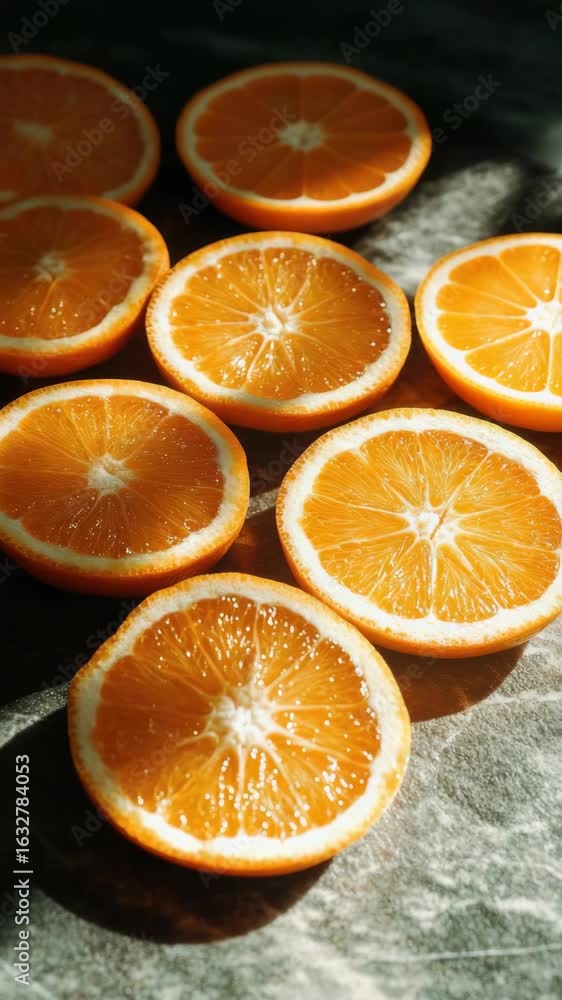 Poster a close up of a few oranges with one of them cut in half. the other oranges are whole