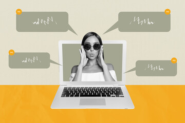 Pop trend collage of person touch sunglass in gadget monitor speak comment speech over pastel background
