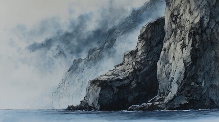 Misty waterfall cascading down a rugged rocky cliff face