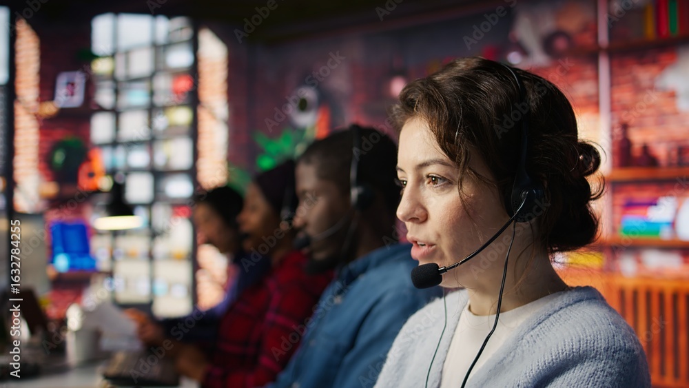 Poster customer support workers listening to clients problems using headphones. call center agents in offic