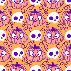 Autumn harvest vegetable seamless monster Halloween pumpkins pattern for wrapping paper and fabrics