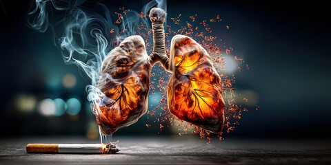 Cigarette-induced destruction depicted in vibrant exploding lungs that illuminate the dangers of smoking in high detail