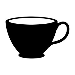 Silhouette of Coffee or Tea Cup Icon for Beverage Use, Black silhouette of a cup with handle, symbolizing coffee, tea, or hot beverages, isolated on a white background.
