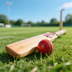 "Cricket Bat and Ball on Lush Green Field &ndash; A Perfect Match Day"