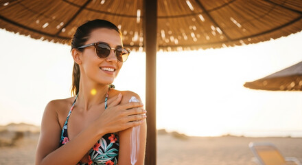 Smiling woman in sunglasses applying sunscreen to her shoulder on a beach under a straw umbrella, backlit by the warm golden hour sun

