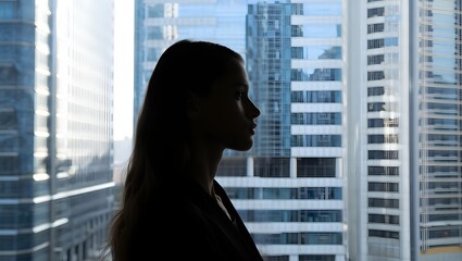 Silhouette of a woman looking out the window of a high rise office building view