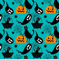 Halloween animals seamless cats pattern for wrapping paper and fabrics and linens and kids clothes print