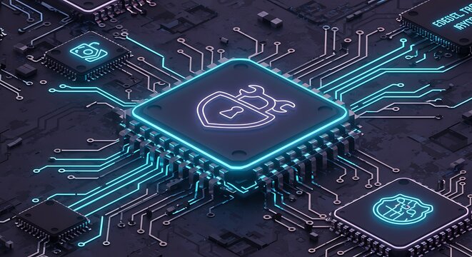 Analyzing Secure Circuit Board with Glowing Cyber Security Icons