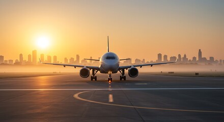Airplane on Runway at Sunrise with Skyline Silhouette in Background
