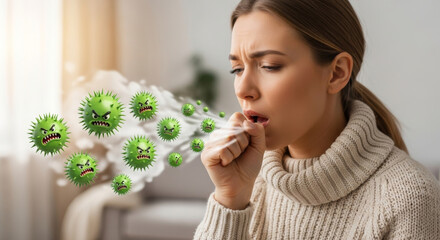 Conceptual illustration of a sick woman in a sweater coughing, showing the spread of airborne virus germs as cartoon characters.
