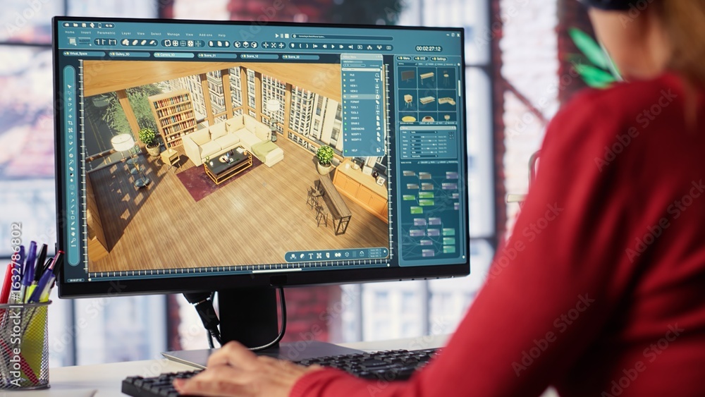 Aufkleber female employee creates 3d render of an apartment interior using blueprints and architectural softwa