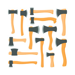 Collection of various axes with wooden handles and metal heads