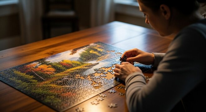 Person's hands assembling a jigsaw puzzle of a scenic autumn landscape on a wooden table