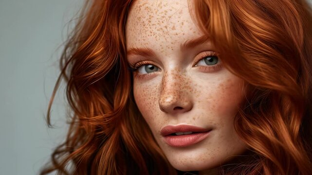 Striking portrait woman with radiant red hair, constellation freckles across her face. Her mesmerizing eyes draw viewer in. She exudes confidence, natural beauty.