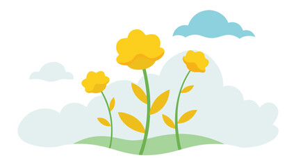Fototapeta premium Simple illustration of yellow flowers blooming in a field with soft clouds in the sky