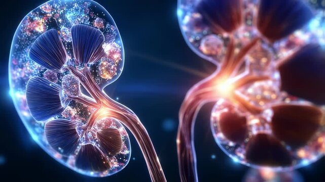 Dynamic CGI showing the movement of bright crystalline kidney stones causing ureter constriction with radiant reflections.