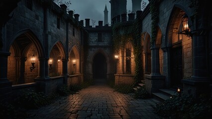 Obraz premium Dark Enchanted Courtyard of Gothic Castle, Rainfall and Candlelight Atmosphere