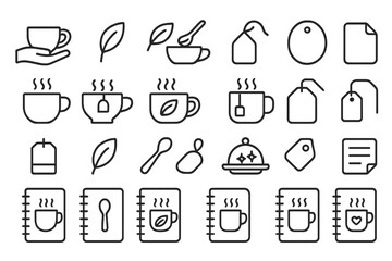 Minimalist tea and coffee elements represented in simple line drawings on a white background for artistic and decorative use