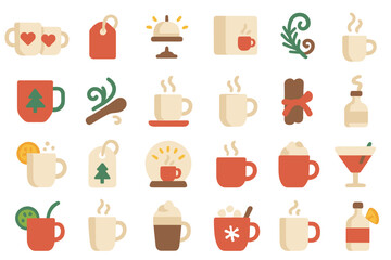 Warm beverage illustrations featuring various cups, holiday designs, and cozy elements in a festive arrangement