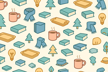 Cozy winter pattern featuring books, mugs, and trees in a warm, inviting setting