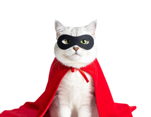 Cute white cat in a black mask and red cape on white blackground
