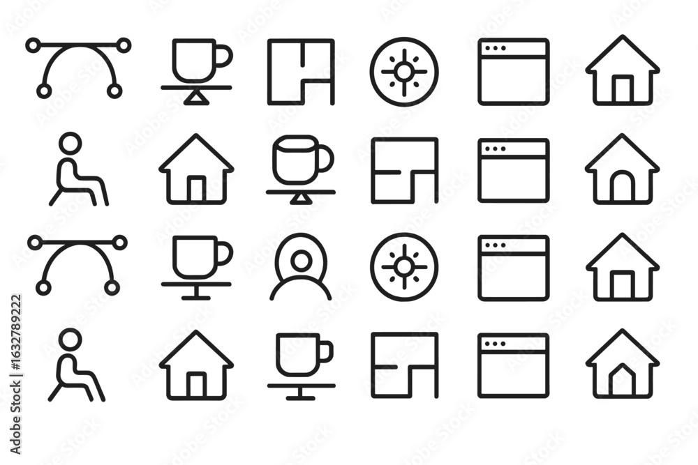 Aufkleber simple line icons representing various activities and objects related to homes, coffee, and digital 