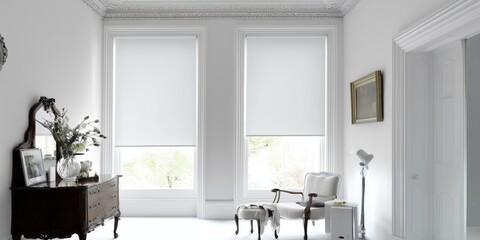 Stylish white roller blinds elegantly enhance a sunlit room with vintage decor in a serene urban setting