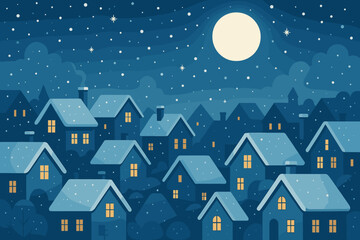 Fototapeta premium Winter village under a full moon with snow-covered rooftops and glowing windows