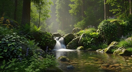 Obraz premium Serene Forest Waterfall with Lush Greenery and Sunlight Rays