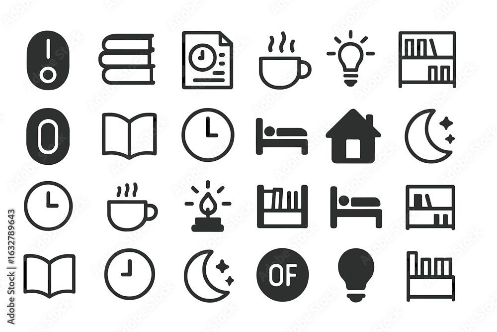 Poster black and white icons representing various activities and objects in daily life set against a simple
