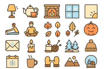 Cozy winter illustrations featuring seasonal elements like snowflakes, pumpkins, and warm drinks