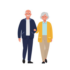 Vector illustration of elderly friends walking together on white background