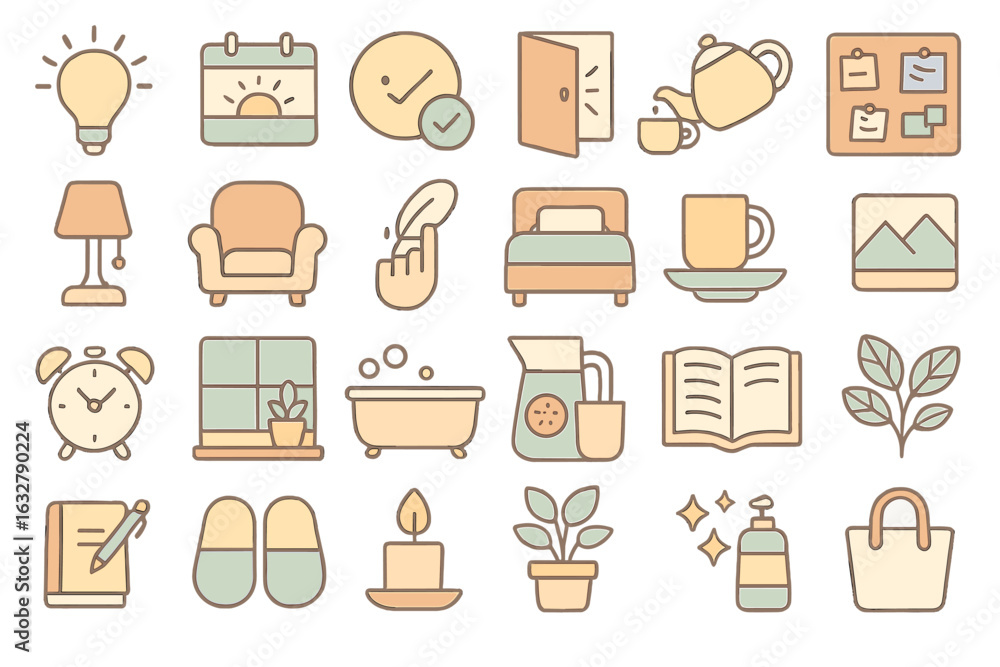 Poster collection of simple icons representing daily routines and activities in a cozy home environment