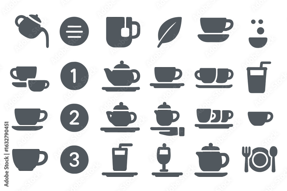 Poster design elements of various beverage icons displayed in a grid layout featuring teapots, cups, and dr